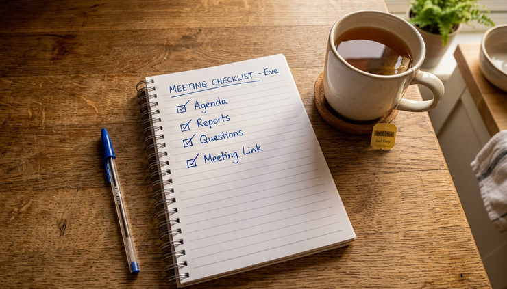 Overhead view of a handwritten AGM checklist beside a cup of tea.