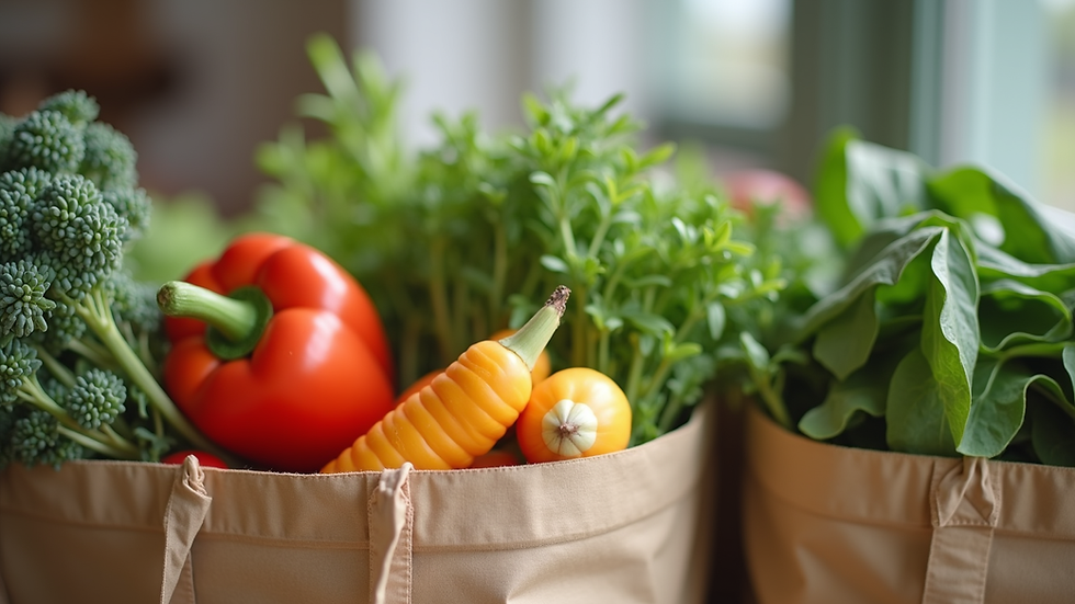 Close-up view of reusable shopping bags filled with fresh vegetables