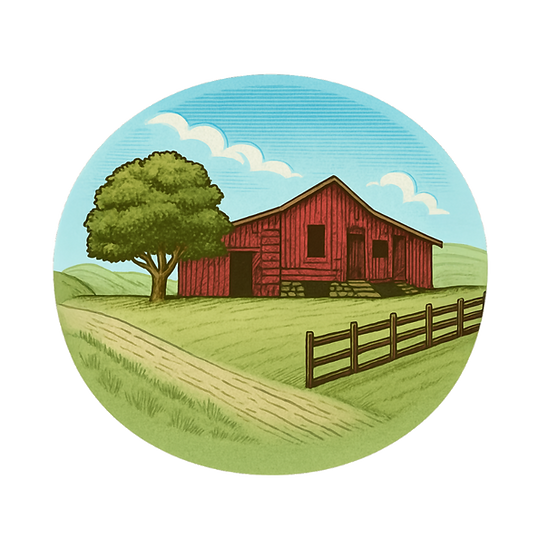 Red barn on green pasture with tree and fence, 46 Ranch