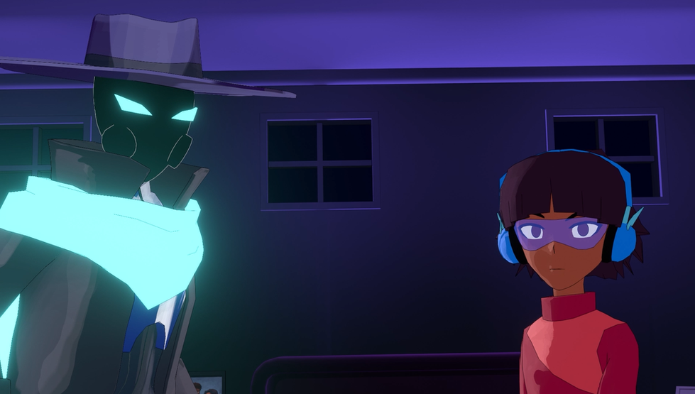 The Outlaw and Mari looking at a painting