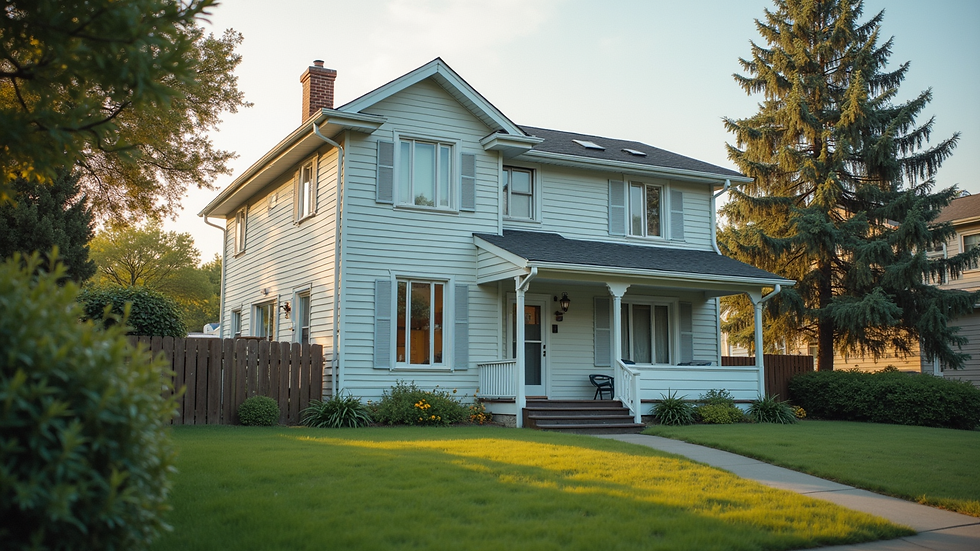 Wide angle view of a suburban home with clean windows and a ladder nearby