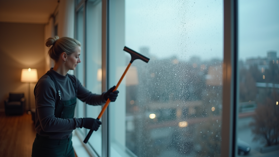 Eye-level view of a professional cleaning a second-story window with a squeegee