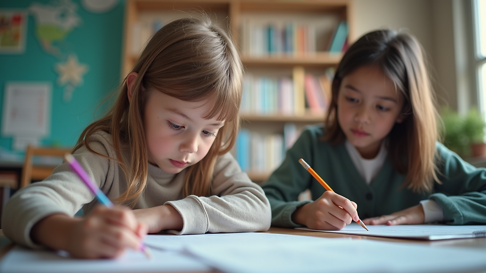 Eye-level view of a child engaged in personalized tutoring session with a tutor