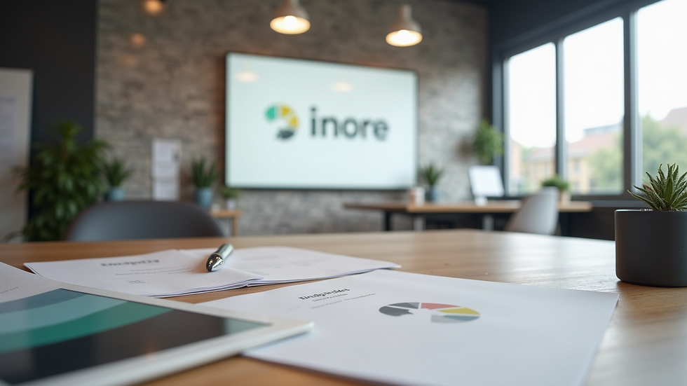 Eye-level view of a modern office workspace with branding materials