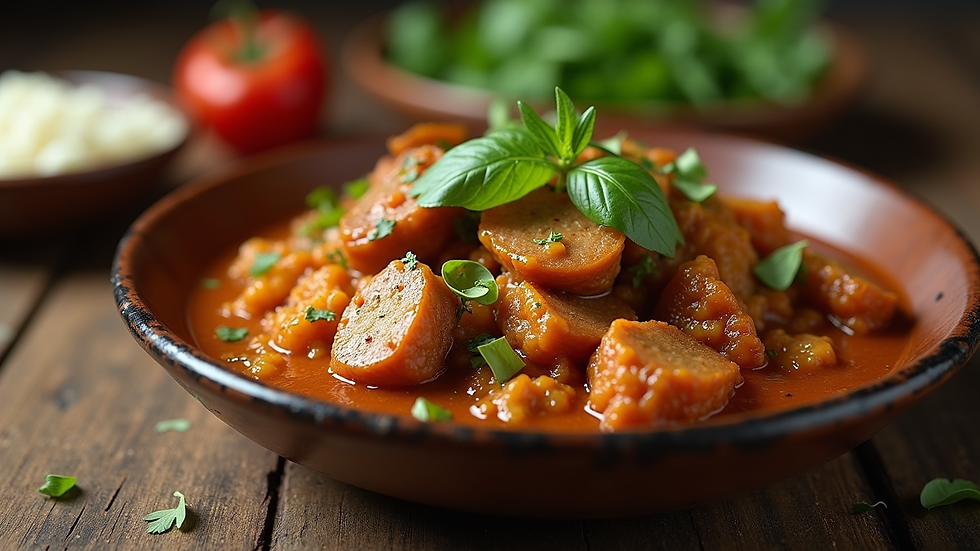 Close-up view of a traditional Jamaican dish on a rustic wooden table
