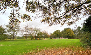 The village grounds behind the Institute with playarea and wooded local walks beyond.
