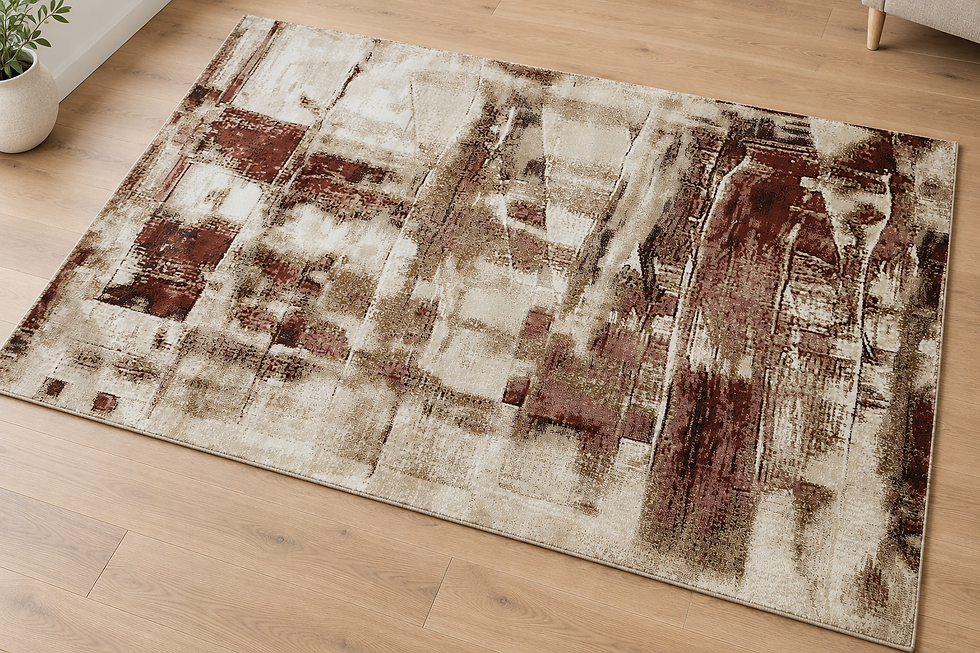 Detailed view of the cream, brown, and beige distressed geometric pattern on a modern area rug.