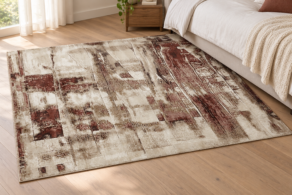 Thumbnail: Abstract brown and beige area rug placed beside a modern bed in a bright neutral bedroom.