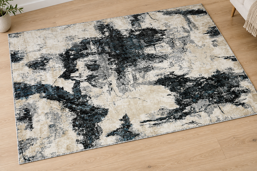 Thumbnail: Modern abstract black and cream rug with charcoal and navy blue accents displayed on a wooden floor.