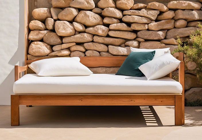 A large, wooden daybed sits in front of