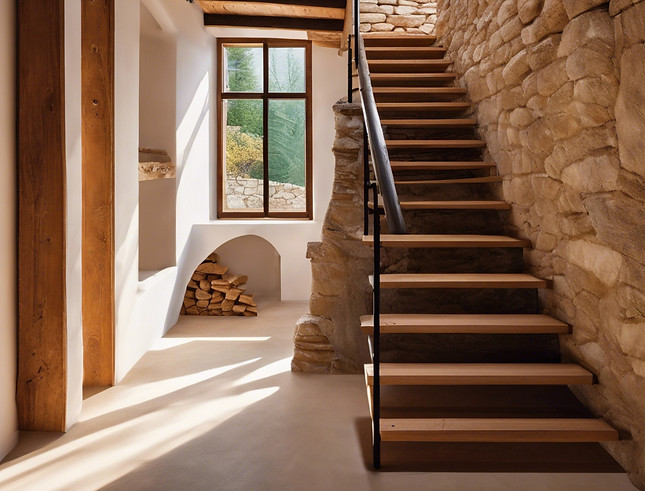 The image shows a rustic staircase with