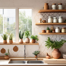 A view of a kitchen with white hexagonal