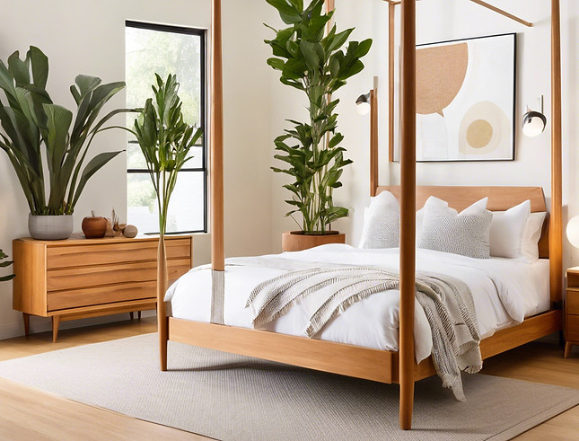 The image shows a mid-century modern bed