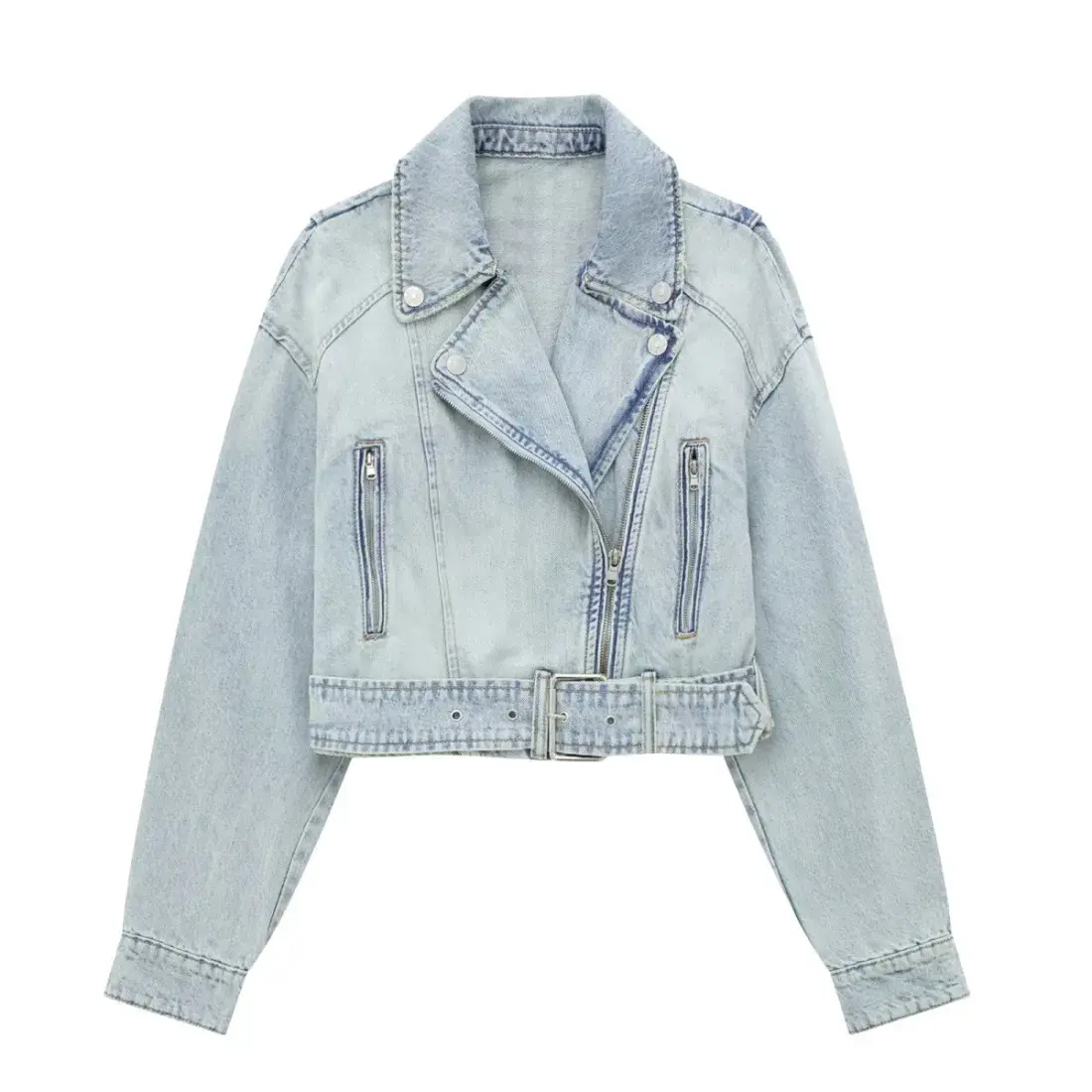 Side Zipper Lapel Crop Denim Jacket