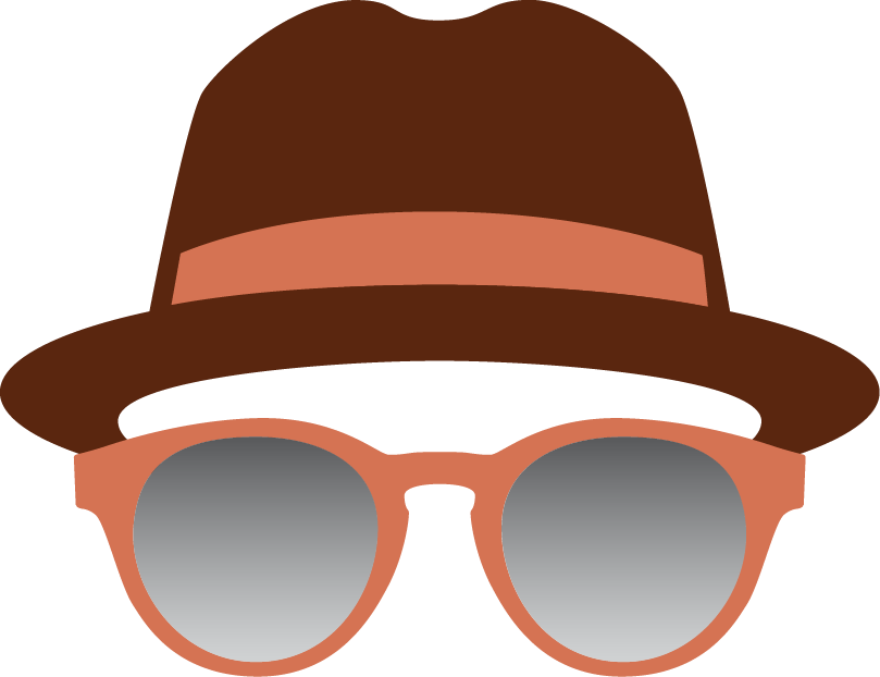 Logo of an illustrated brown fedora nd orange glasses.