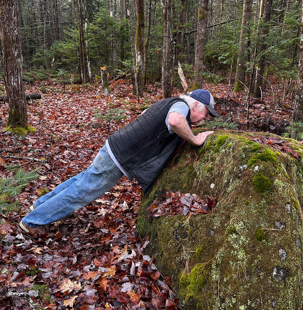 Eric Davis doing a pushup at his "shoulder boulder" exercise station at his gym in the woods.