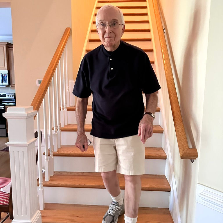 Pete Sutton, age 92, healthy and fit climbing stairs with no trouble.