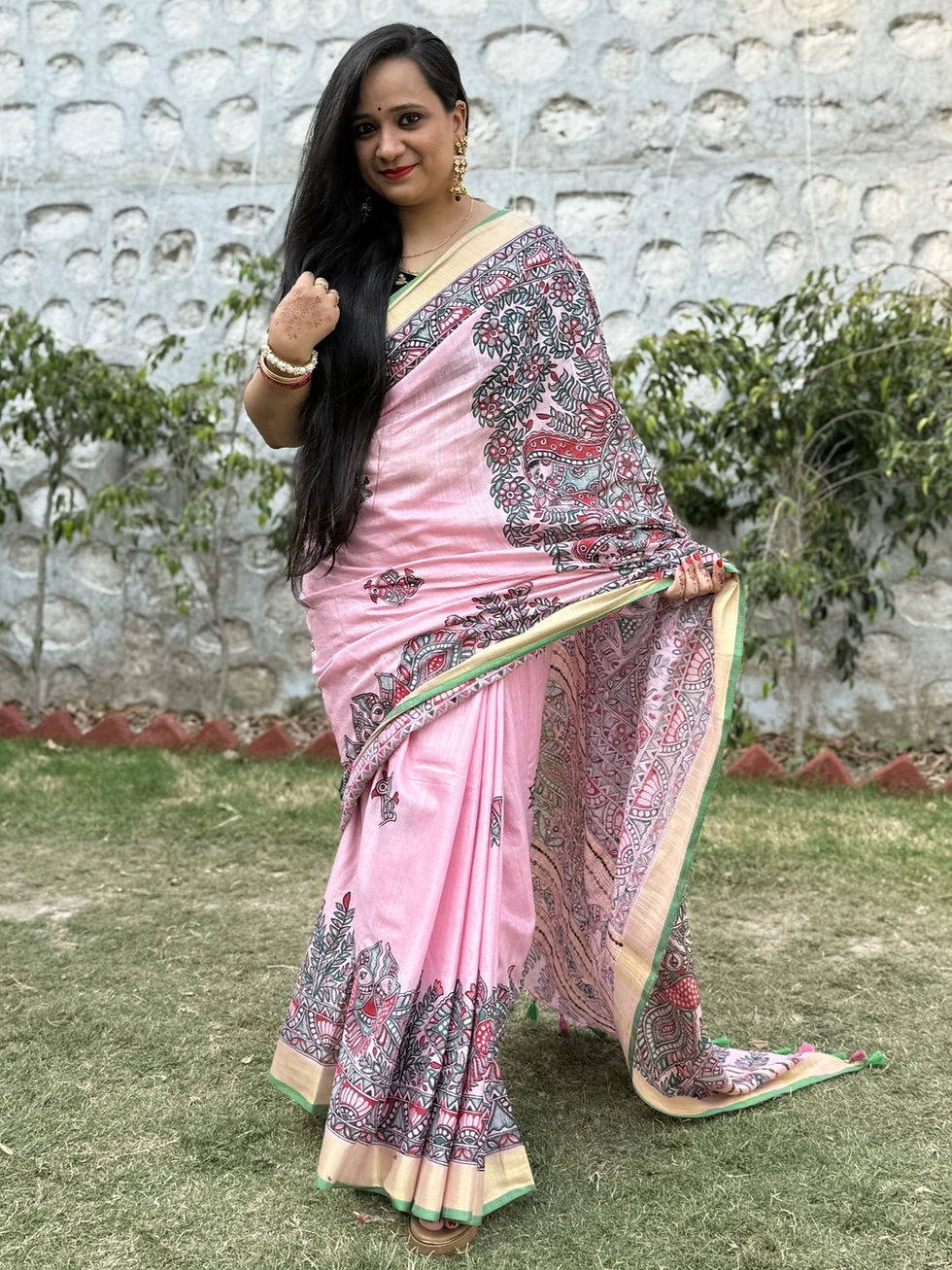 Thumbnail: Pink Village Life Madhubani Silk Saree