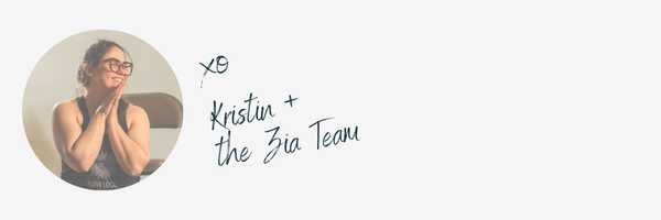 Woman with glasses smiling, hands clasped, in a circular frame. Text: "XO Kristin + the Zia Team" on a white background. Mood is joyful.