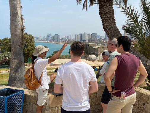Private tour guide explaining Tel Aviv skyline and Mediterranean coastline to visitors