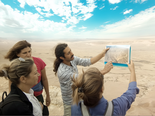 Private guide Sagi Levy explaining the topography of the Ramon Crater to tourists using a topographical map.