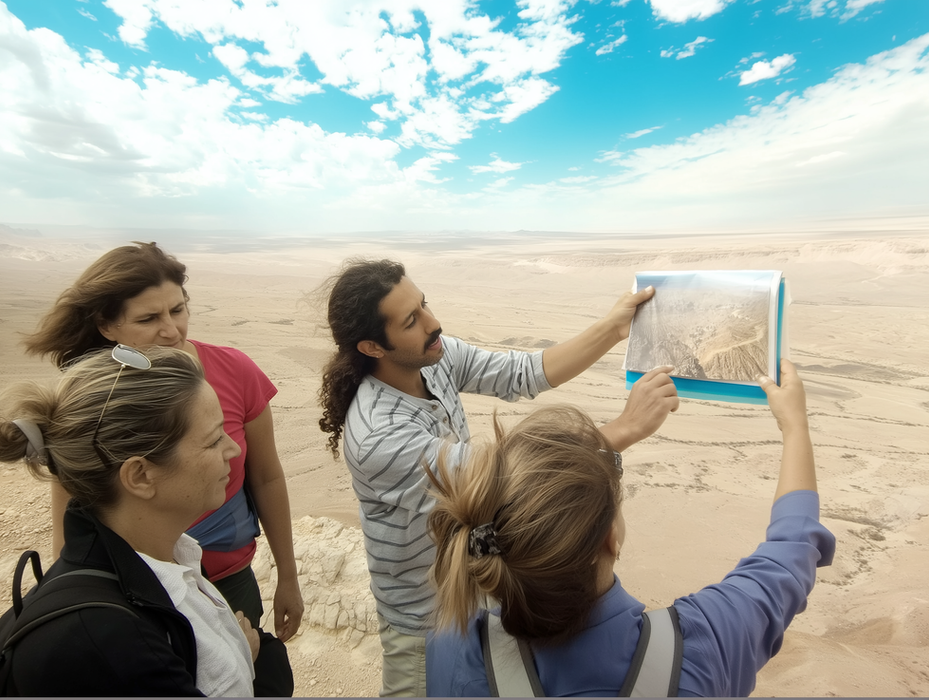 Tour guide explaining desert geography to visitors in the Negev Desert Israel
