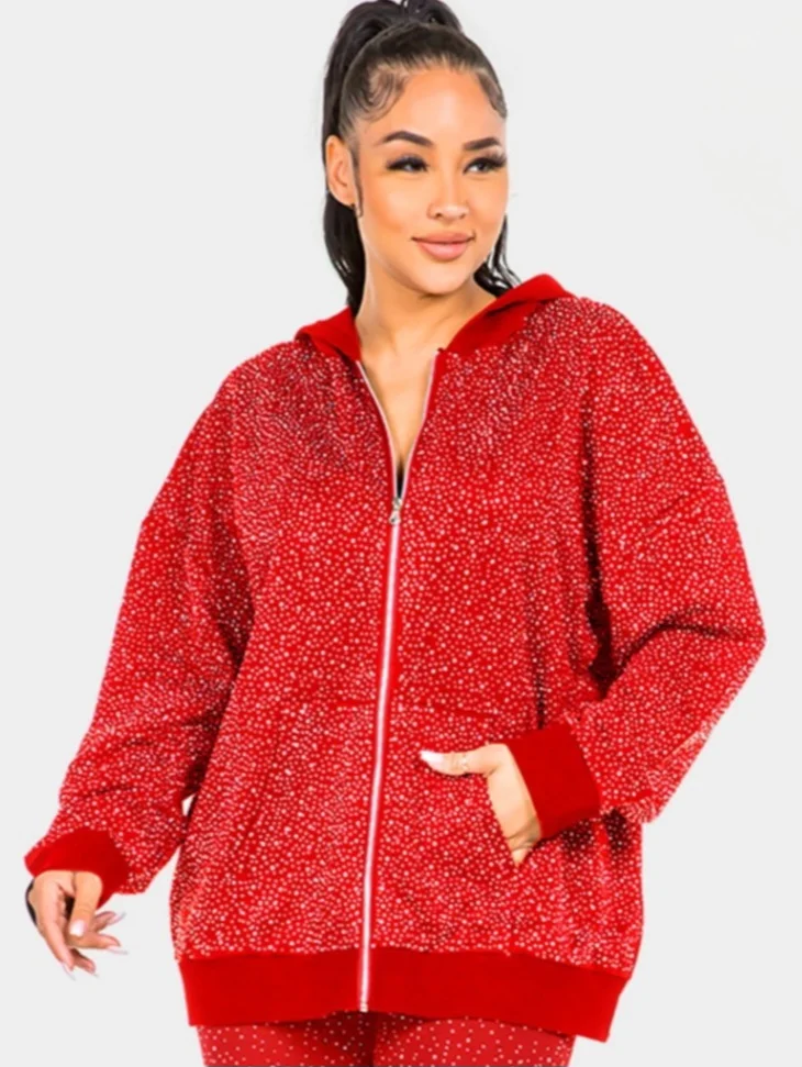 Red Rhinestone Zip up Hoodie and Pants