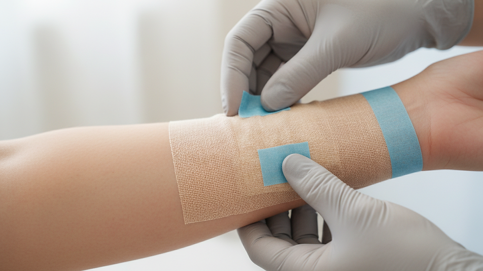 Close-up view of a clean wound covered with a sterile dressing