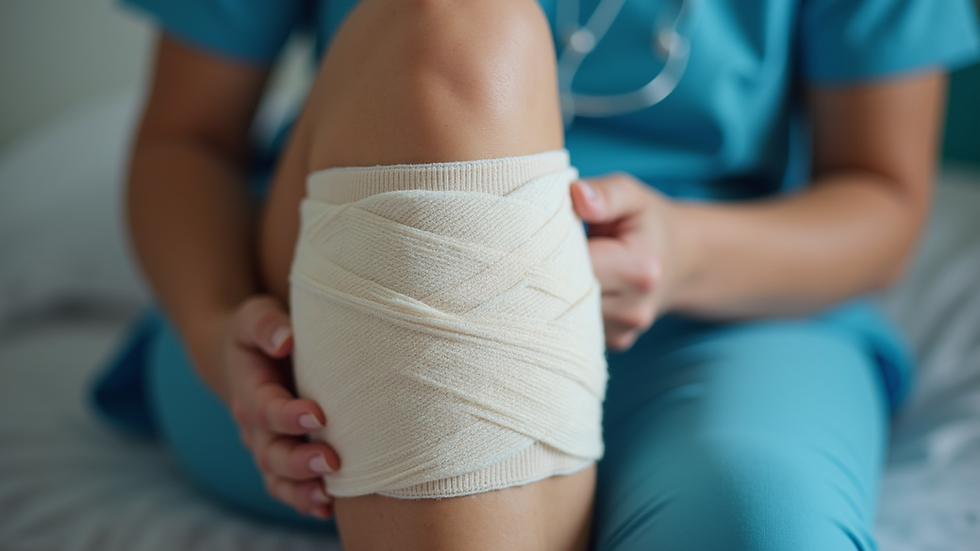 Close-up view of compression bandage wrapped around lower leg