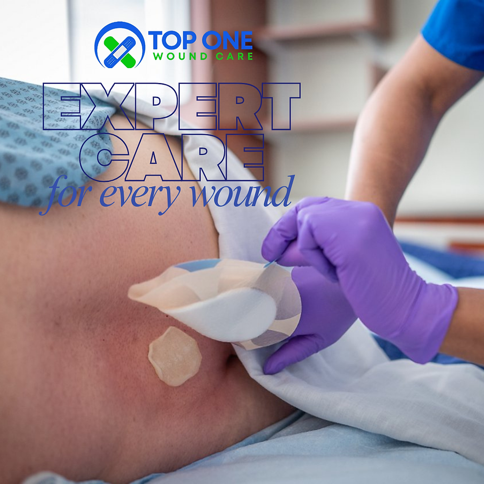 Close-up view of a clean, well-dressed sacral wound on a hospital bed