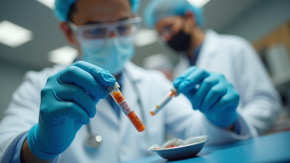 Vista de cerca de un investigador preparando una muestra médica en un laboratorio.