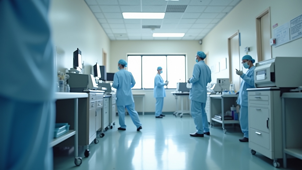 Eye-level view of a clinical research facility with medical equipment