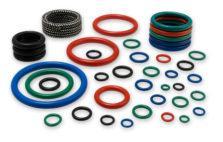 Artefatos de borracha como anéis O-ring e vedações técnicas de diferentes cores e tamanhos