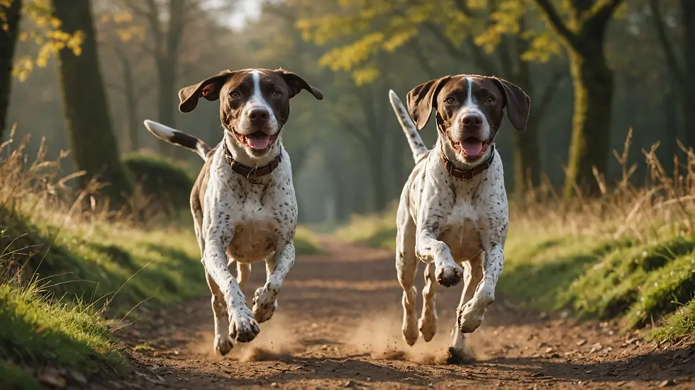 Eye-level view of an English Short Haired Pointer running on a trail