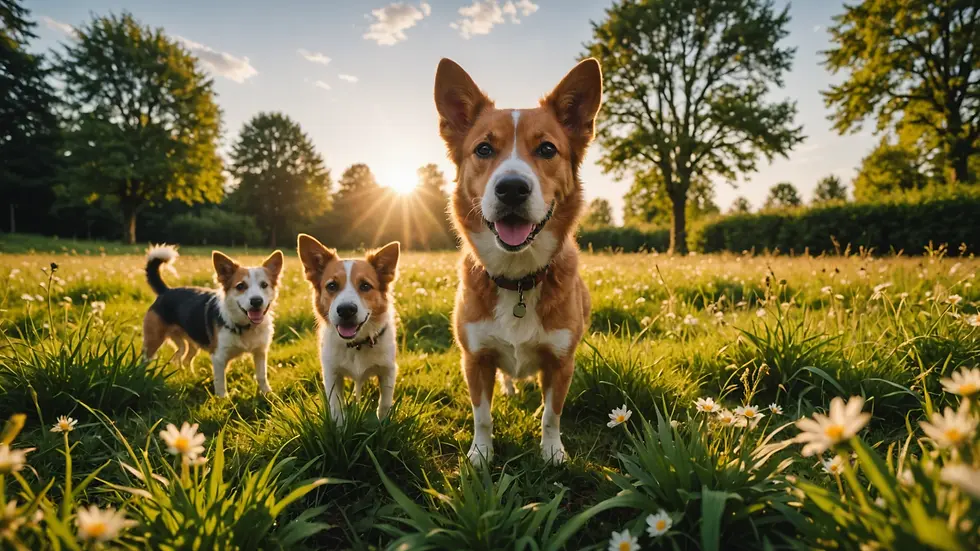 Wide angle view of an outdoor scene with various scents hidden for dogs to discover