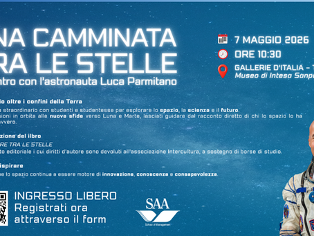 Partecipa all'evento "Una camminata tra le stelle" organizzato da SAA a Torino. Incontro esclusivo con l'astronauta Luca Parmitano il 7 maggio 2026. Ingresso libero, registrati ora!