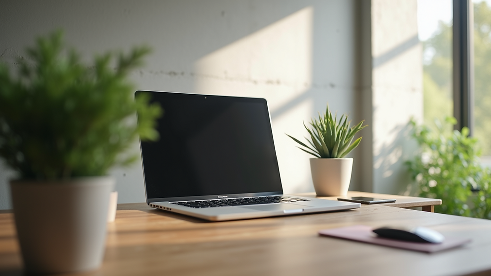 Close-up view of a standing desk with a laptop and a plant