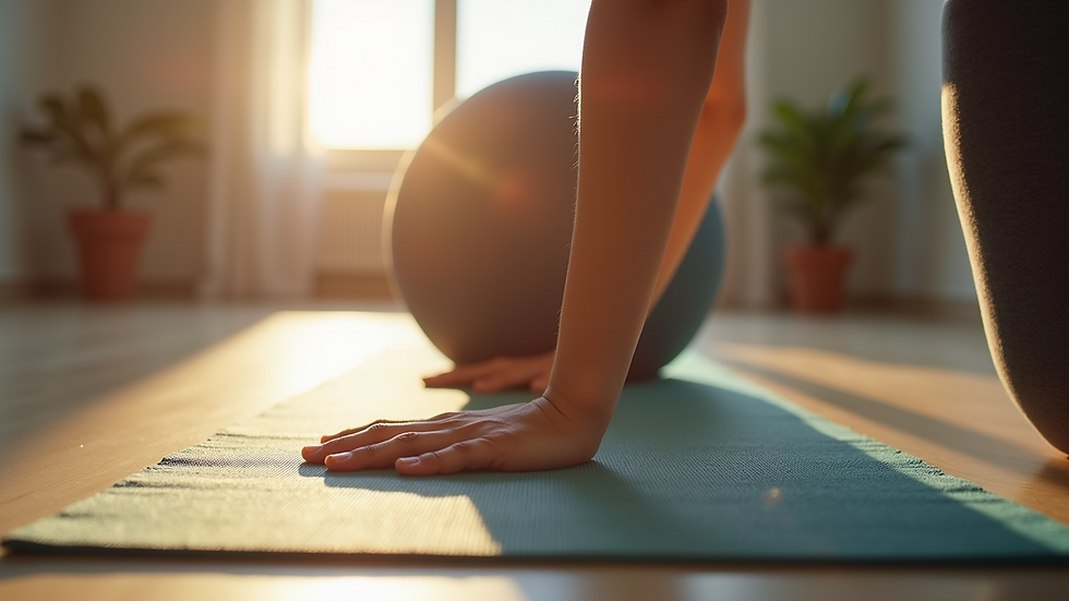 Eye-level view of a person stretching on a yoga mat