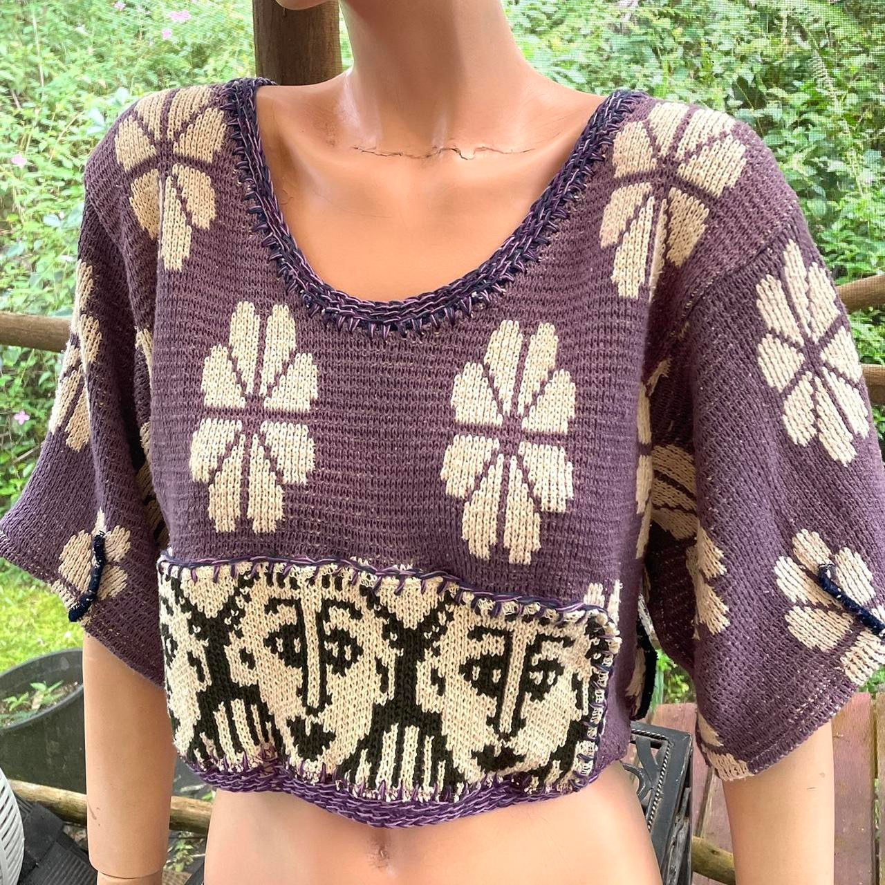 Upcycled cotton top with faces and flowers