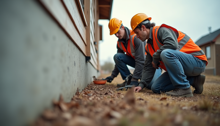 Eye-level view of a certified home inspector and contractor examining a house foundation