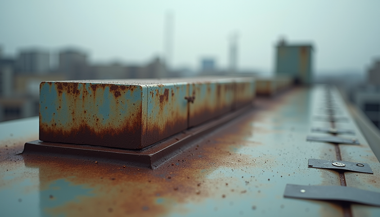 Close-up view of rooftop HVAC unit with visible rust and dirt buildup