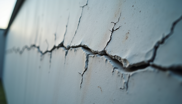 High angle view of foundation cracks along a commercial building exterior wall