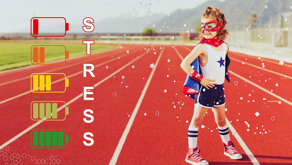 Un enfant habillé en super héros sur une piste d'athlétisme avec des bateries qui se dechargent illustrant le lien entre stress et performance