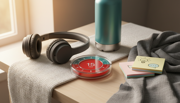 Close-up of a colourful visual timer beside headphones and a water bottle.