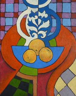 Blue and White patterned vase with Three Oranges