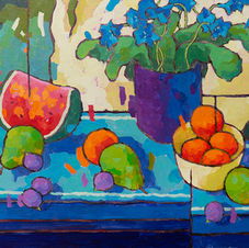 Streptocarpus with pears & figs over blue