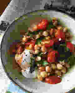 Spiced tomatoes, chickpeas, and poached eggs
