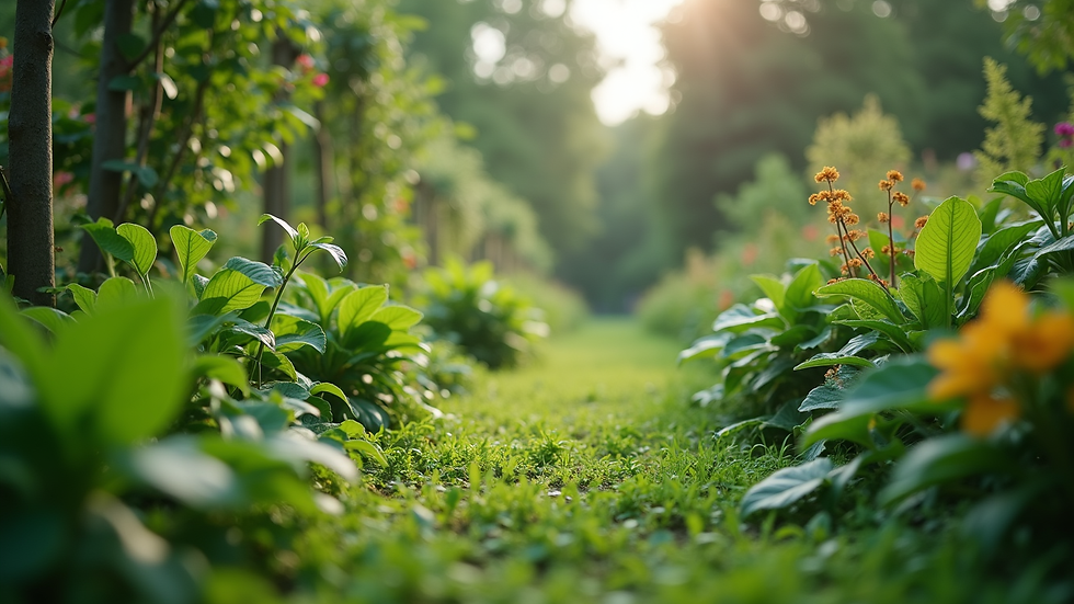 Eye-level view of a lush green garden with diverse plants