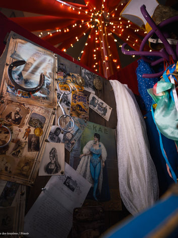 Mur de collections réunissant affiches du Cirque d’Hiver, portraits d’écuyères, documents historiques et objets de spectacle retraçant l’univers du cirque équestre.