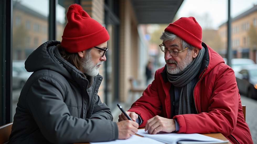 Eye-level view of a Red & White volunteer assisting a homeless individual with job application